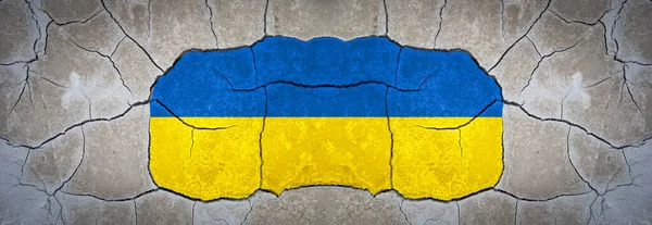Parede Textura Concreto Rachado Quebrado Com Bandeira Ucraniano Guerra Panorama — Fotografia de Stock