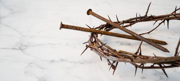 Crucifixion Jesus Religion Easter Background Crown Thorns Rusty Old Nails — Stock Photo, Image