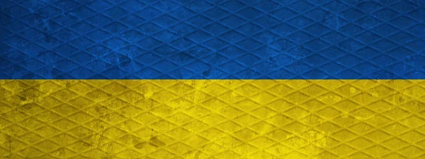 Ukrainische Flagge Hintergrund Banner Panorama Alte Rustikale Beschädigte Betonsteinmauer Textur — Stockfoto