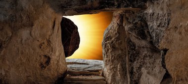 Paskalya arkaplanı - İsa 'nın Golgota / Golgotha Kudüs' te dirilişi, güneş ışınlı boş bir mezar