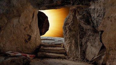Paskalya arkaplanı - İsa 'nın Golgota / Golgotha Kudüs' te yeniden dirilişi, kanlı keten kefeni ve güneş ışınlarıyla dolu boş bir mezar