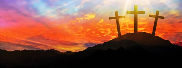 Easter Background Banner Panorama Religious Greeting Card Crucifixion Resurrection Three — Stock Photo, Image