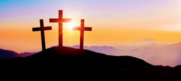 Ostern Hintergrund Banner Panorama Religiöse Grußkarte Kreuzigung Und Auferstehung Drei — Stockfoto