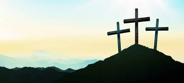 Easter Background Banner Panorama Religious Greeting Card Crucifixion Resurrection Three — Stock Photo, Image