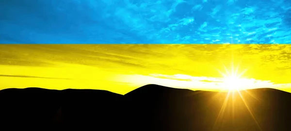 Niebo Kolorach Flagi Ukrainy Czarną Sylwetką Żołnierza Tle Wschodu Lub — Zdjęcie stockowe