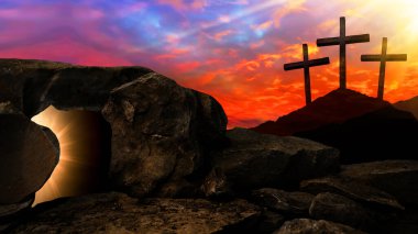Paskalya dini arkaplan tebrik kartı - İsa 'nın Golgota' da çarmıha gerilmesi ve dirilmesi (Golgotha), aydınlık mezar ve üç haçla