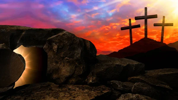 Easter religious background greeting card - crucifixion and resurrection of Jesus Christ at Golgota (Golgotha), with brightly lit tomb and three crosses