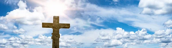 Religious Crucifixion Easter Background Banner Panorama Old Stone Cross Crucifix — Stock Photo, Image