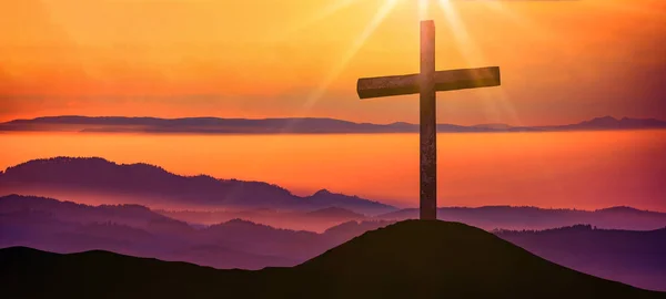 Розп Яття Ісус Христос Хрест Заході Сонця — стокове фото