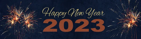 Happy Novo Ano 2023 Fogos Artifício Dourados Noite Azul Escuro — Fotografia de Stock