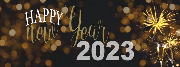 Happy New Year 2023 Святковий Банер Панорамного Фону Довгим Золотим — стокове фото