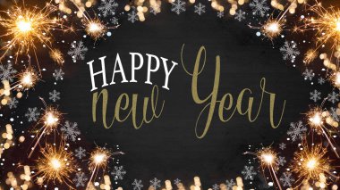 YENİ YIL 2023 Arka plan - Üst görünüm / üst çerçeve parkçılar, bokeh ışıkları ve koyu siyah ahşap masa üzerinde izole buz kristalleri, ahşap doku