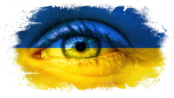 Война Украине Крупный План Детских Глаз Слезами Цветах Украинского Флага — стоковое фото