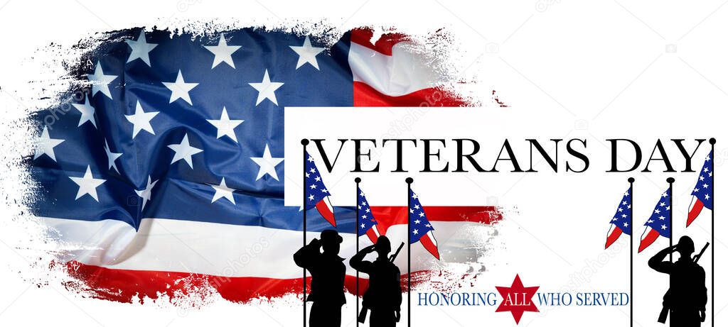 Veterans Day background poster banner greeting card background template illustration - American flags and silhouette of armed american soldiers, isolated on white texture