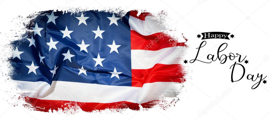 Happy Labor Day USA America background banner panorama greting card template - American waving flag and lettering, isolated on rustic white texture