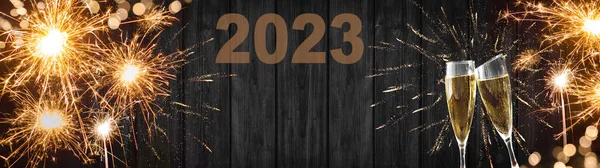 Capodanno Capodanno 2023 Silvester Sfondo Banner Panorama Long Sparklers Bicchieri — Foto Stock