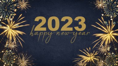 YILI YIL 2023 Şenlikli Silvester Yeni Yıl Partisi arka plan tebrik kartı Koyu mavi gecede altın havai fişekler
