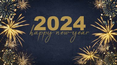 YILI YIL 2024 Şenlikli Silvester Yeni Yıl Partisi arkaplan kartı - Koyu mavi gecede altın havai fişekler