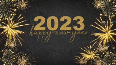 YILI YIL 2023 Şenlikli Silvester Yeni Yıl Partisi arkaplan kartı - Karanlık karanlık gecede altın havai fişekler