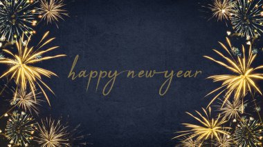 YILI YIL 2023 Şenlikli Silvester Yeni Yıl Partisi arka plan tebrik kartı Koyu mavi gecede altın havai fişekler