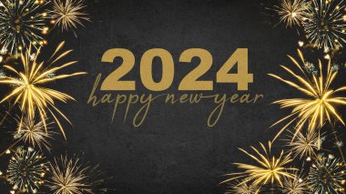 YILI YIL 2024 Şenlikli Silvester Yeni Yıl Partisi arkaplan kartı - Karanlık karanlık gecede altın havai fişekler