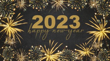 YILI YIL 2023 Şenlikli Silvester Yeni Yıl Partisi arkaplan kartı - Karanlık karanlık gecede altın havai fişekler