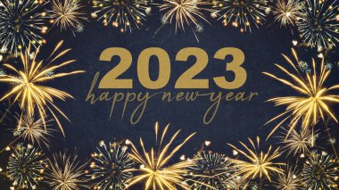 YILI YIL 2023 Şenlikli Silvester Yeni Yıl Partisi arka plan tebrik kartı Koyu mavi gecede altın havai fişekler