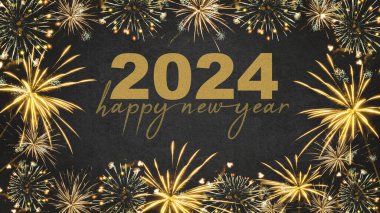YILI YIL 2024 Şenlikli Silvester Yeni Yıl Partisi arkaplan kartı - Karanlık karanlık gecede altın havai fişekler