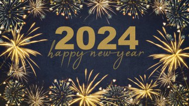 YILI YIL 2024 Şenlikli Silvester Yeni Yıl Partisi arkaplan kartı - Koyu mavi gecede altın havai fişekler