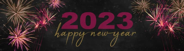 Happy New Year 2023 Fireworks Background Banner Panorama Long Colorful — Stock Photo, Image