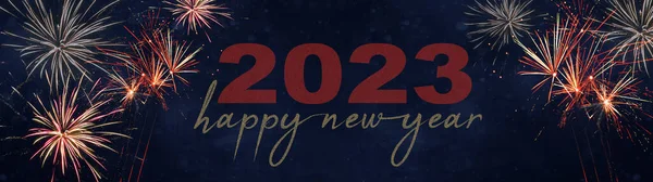 Happy New Year 2023 Focuri Artificii Fundal Banner Panoramă Lungă — Fotografie, imagine de stoc