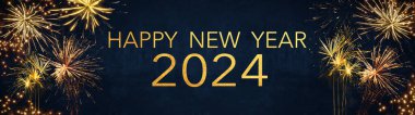 Silvester 2024 Mutlu Yıllar, Yeni Yıl Partisi arka plan pankartı uzun kutlama kartı - koyu mavi gökyüzü desenli altın havai fişekler