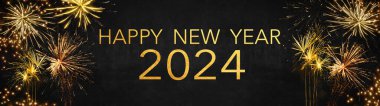 Silvester 2024 Mutlu Yıllar, Yeni Yıl Partisi arka plan afişi uzun panorama kartı - koyu siyah gece gökyüzü dokusu üzerine altın havai fişekler
