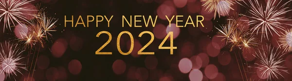 Felice Anno Nuovo 2024 Partito Fuochi Artificio Sfondo Banner Panorama — Foto Stock