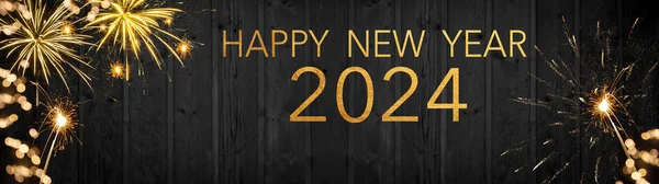 Новый 2024 Год Фейерверки Фоновый Баннер Панорама Фейерверков Искры Огни — стоковое фото