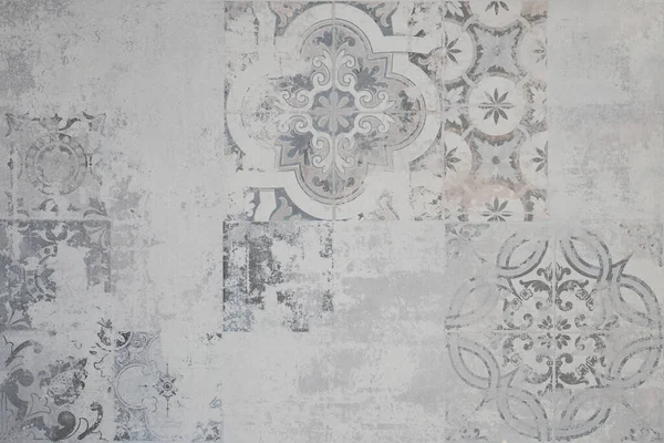 Starý Šedý Vinobraní Opotřebované Geometrické Ošuntělé Mozaiky Zdobené Patchwork Motiv — Stock fotografie