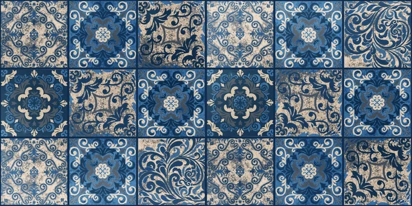 Antiguo Azul Beige Vintage Desgastado Geométrico Pétreo Mosaico Adornado Mosaico —  Fotos de Stock