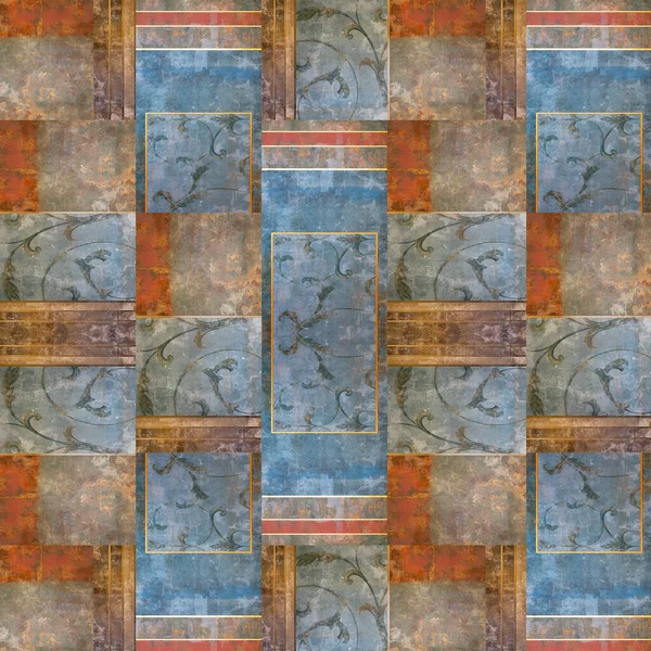 Старий Оранжево Блакитний Іржавий Старовинний Зношений Геометричний Арабеск Мозаїчний Орнаментальний — стокове фото