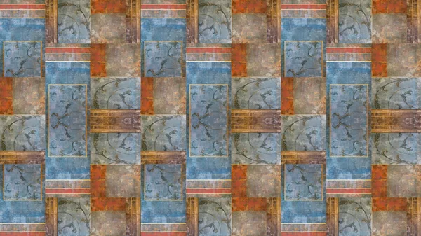 Starý Oranžový Modrý Rezavý Vinobraní Opotřebované Geometrické Arabesque Ošuntělé Mozaiky — Stock fotografie