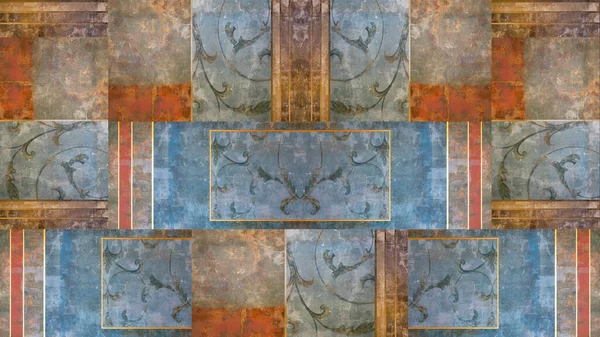 Старий Оранжево Блакитний Іржавий Старовинний Зношений Геометричний Арабескний Мозаїчний Орнаментальний — стокове фото