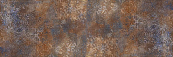 Starý Hnědý Šedý Rezavý Vinobraní Opotřebované Geometrické Ošuntělé Mozaiky Zdobené — Stock fotografie