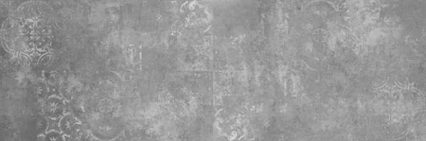 古いグレーグレーのヴィンテージは 幾何学的にみすぼらしいモザイク華やかなパッチワークモチーフ磁器の石器タイル石コンクリートセメント壁テクスチャの背景バナーパノラマを身に着けていた — ストック写真