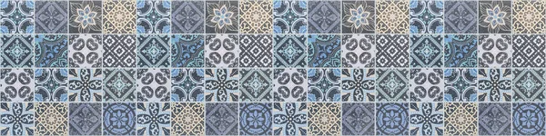 Starý Modrý Béžový Vinobraní Opotřebované Geometrické Ošuntělé Mozaiky Zdobené Patchwork — Stock fotografie