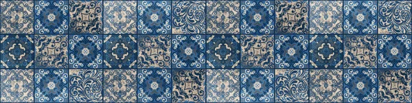 Oud Blauw Beige Vintage Versleten Geometrische Shabby Mozaïek Sierlijke Patchwork — Stockfoto