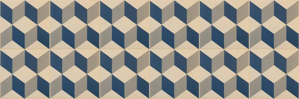 古い青ベージュのヴィンテージ幾何学的なみすぼらしいモザイクモチーフ磁器の石器タイル石コンクリートセメント壁の壁紙テクスチャの背景バナーパノラマ 正方形のキューブ3Dプリントと — ストック写真