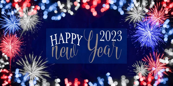 Feliz Año Nuevo 2023 Tarjeta Felicitación Celebración Fondo Fiesta Fuegos — Foto de Stock