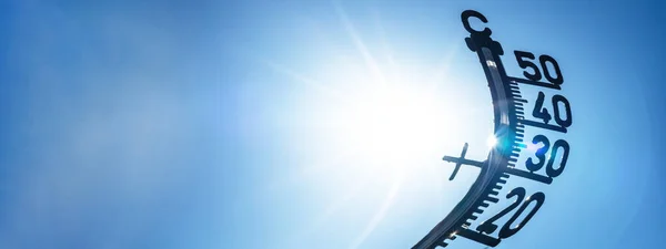 Hot weather - Heat wave / Summer heat background banner panorama - Melted thermometer blue sky and sun rays