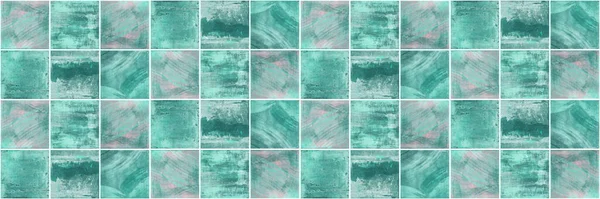 Abstract green turquoise square mosaic tile wall texture background banner panorama, textured seamless pattern