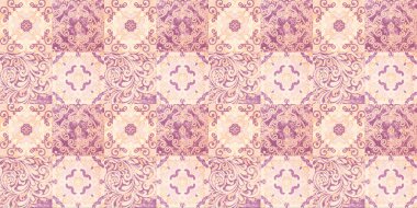 Old pink beige vintage worn geometric shabby mosaic ornate patchwork motif porcelain stoneware tiles,  square stone concrete cement tile mirror wall texture background pattern