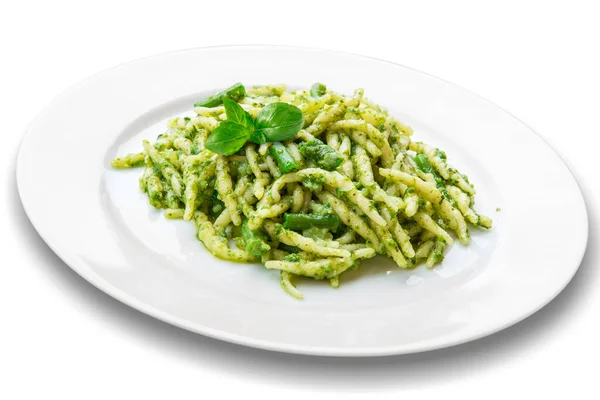 Plate Trofie Pasta Genoese Pesto Burgonya Zöldbab Bazsalikom — Stock Fotó